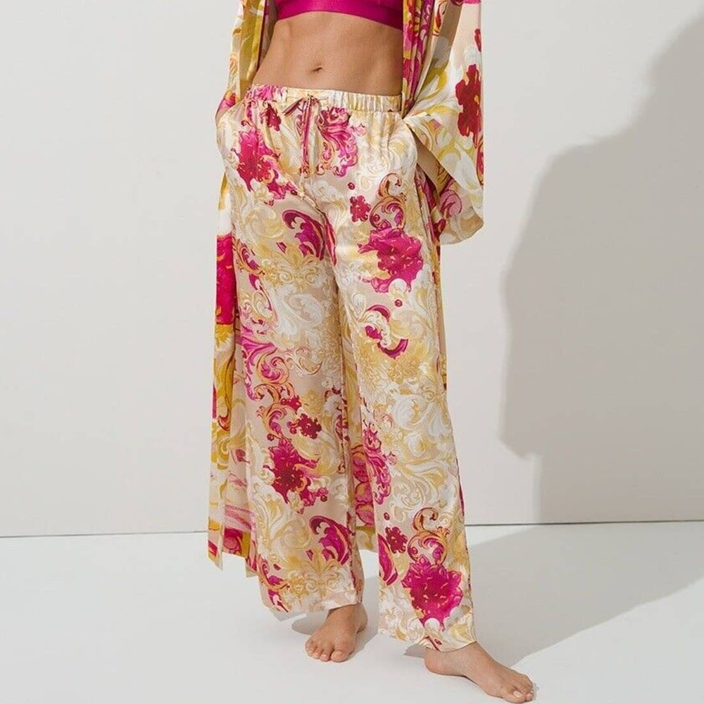 Soma Pajama Pants Sz Large Sensual Satin Lounge Gold Pink Rococo Floral Feminine